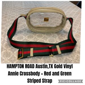 HAMPTON ROAD Austin,TX Gold Vinyl Annie Crossbody + Red and Green Striped Strap